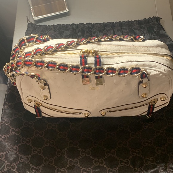 Gucci White Ostrich Leather Capri Bowler Handbag Signature Stripe Gold Hardware - Picture 3 of 16